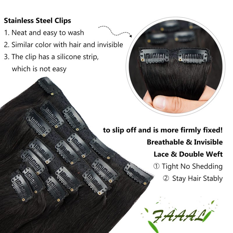 FAAAL 20" Clip in Human Hair Extensions Full Head 180g 7 Pieces 16 Clips Natural Black Double Weft Brazilian Real Remy Hair Extensions Thick Straight Silky (20" 180g, #1B) - Image 5